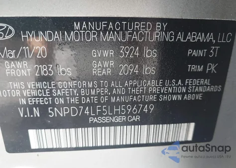 2020 Hyundai Elantra Se z USA, uszkodzony, nr VIN 5NPD74LF5LH596749